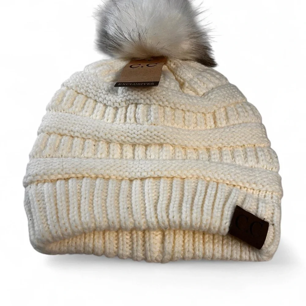 New!!!!! C.C Ivory warm Knit Beanie winter outdoor hat with Faux Fur Pom Pom